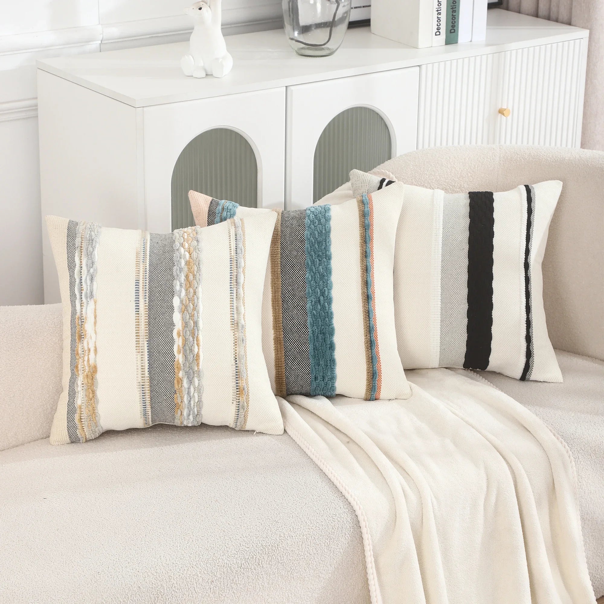 Boho striped chenille throw pillowcases by Copper Pallas featuring soft, textured fabric in a stylish striped design.