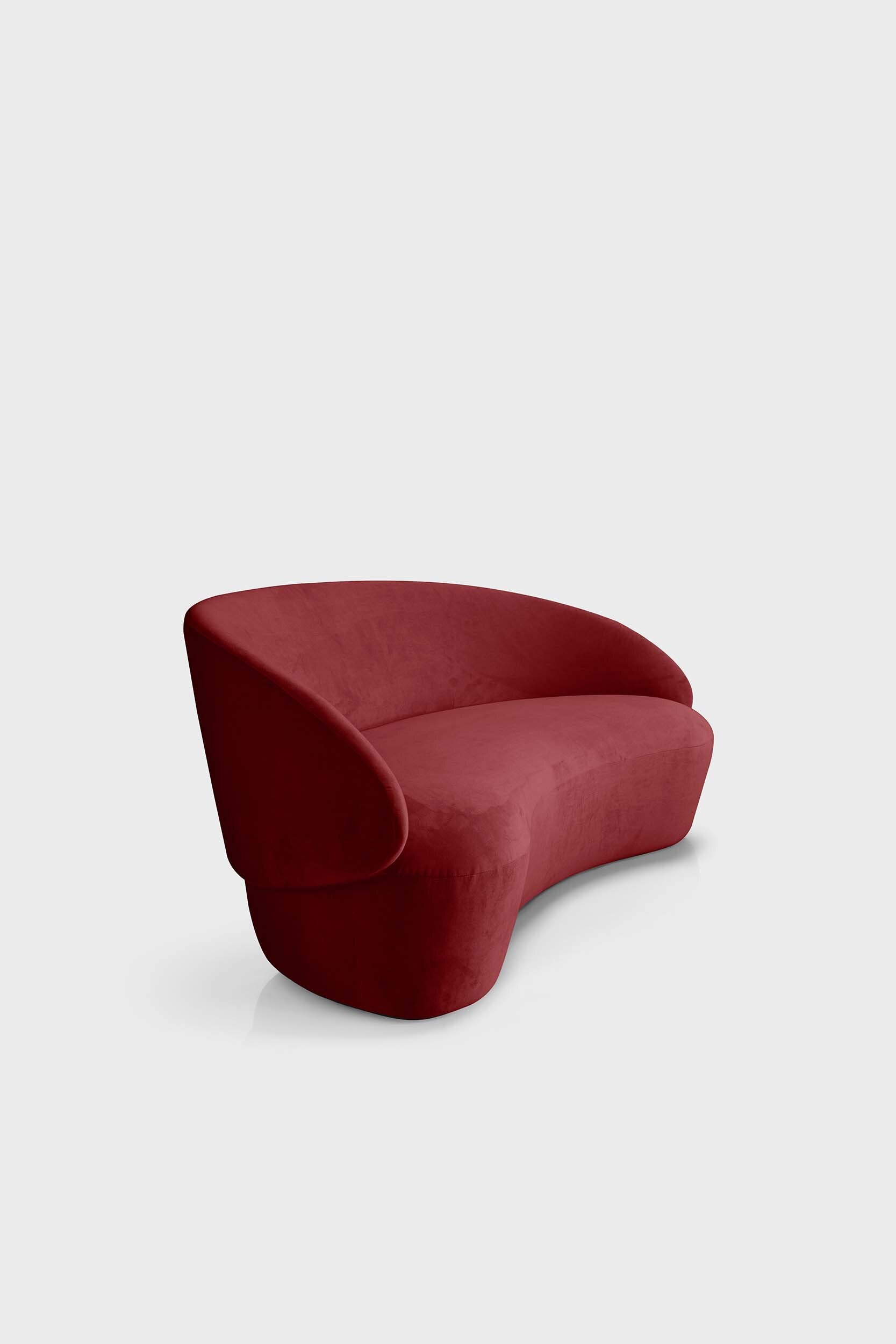 Aquamarine Poppy Naïve Sofa in bordo fabric with plush cushions and sleek wooden legs, modern furniture for stylish living rooms.