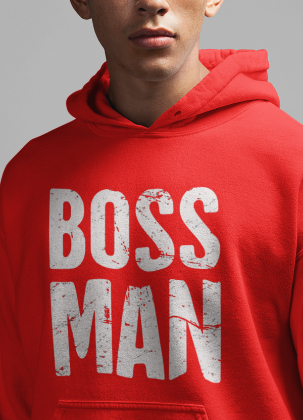 Black Boss Man hoodie from Scorpius featuring a front logo, made of comfortable sweatshirt fabric, casual streetwear style.