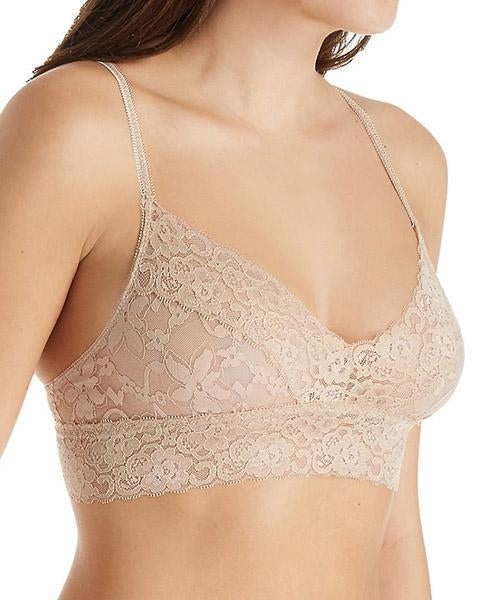 Beige Melanter semisheer lace bralette with delicate floral pattern, soft cups, and adjustable straps, perfect for comfortable lingerie.
