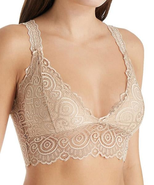 Beige lace V-neck bralette from Melanter featuring delicate floral lace and adjustable straps, lingerie and underwear style.