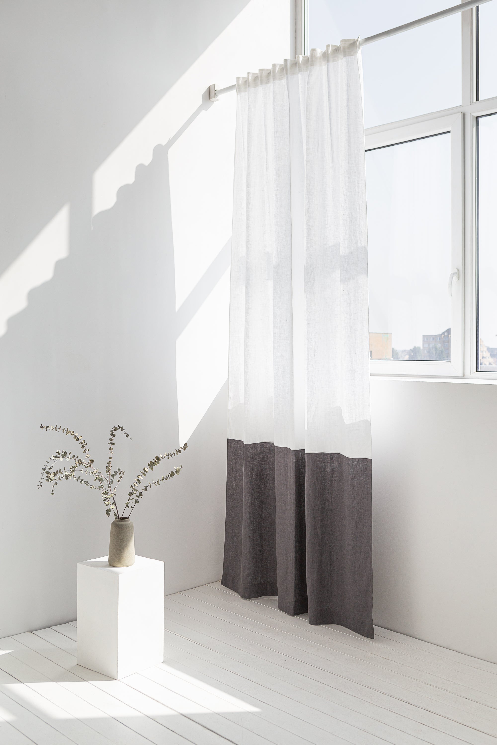 White and pastel plum linen curtains with tape, two-tone design, ideal for home decor from Magenta Sugarplum.