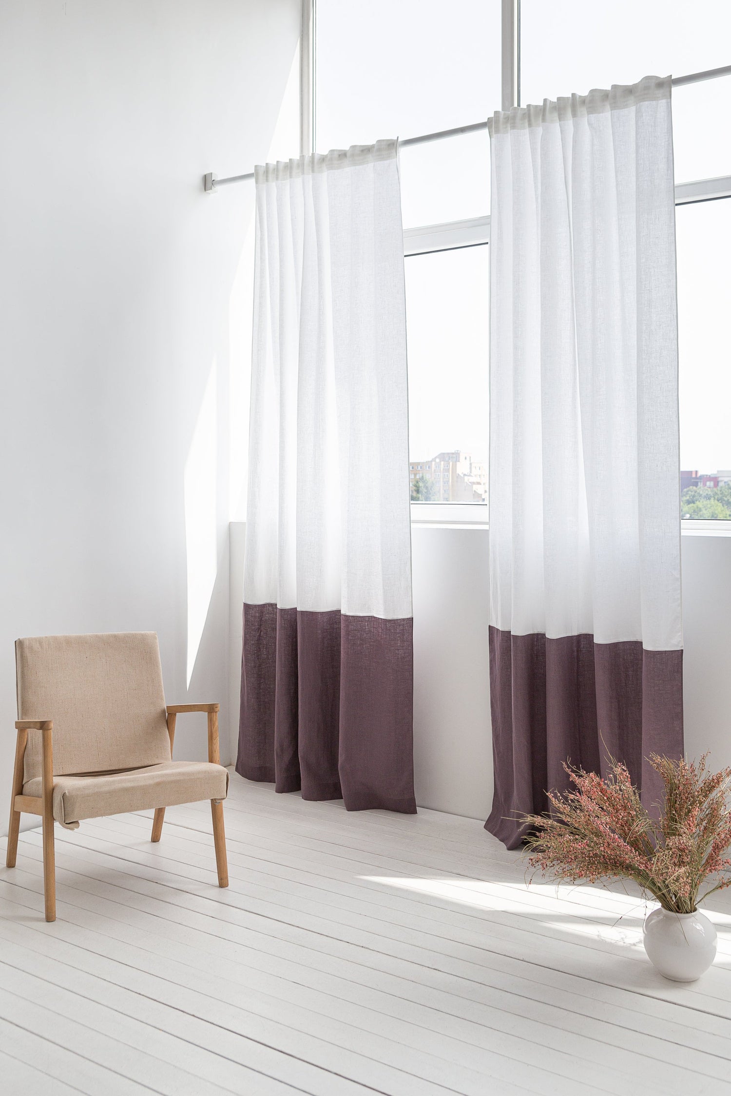 White and pastel plum linen curtains with tape, two-tone design, from Magenta Sugarplum home decor collection.