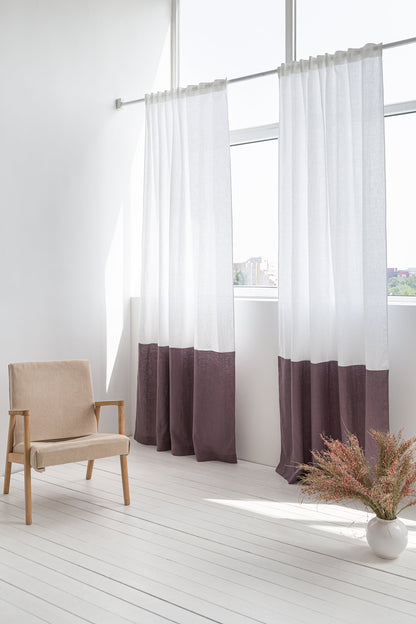 White and pastel plum linen curtains with tape, two-tone design, from Magenta Sugarplum home decor collection.
