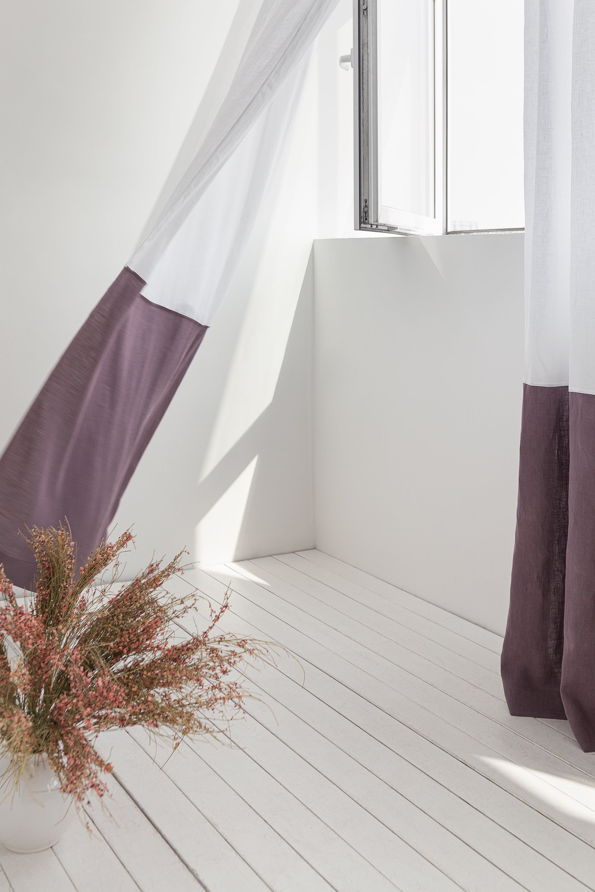 White and pastel plum linen curtains with tape, two-tone home decor by Magenta Sugarplum, shown hanging in a stylish window setting.