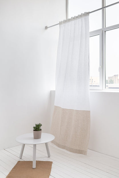White and pastel plum linen curtains with tape, two-tone home decor by Magenta Sugarplum, shown hanging in a window.