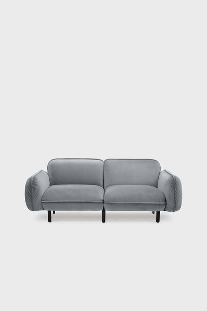Aquamarine Poppy bean sofa in grey fabric with plush cushions and modern design, perfect for stylish and comfortable living spaces.