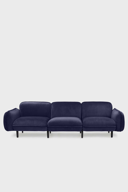 Blue Aquamarine Poppy Bean Sofa with plush fabric and modern design, shown in a cozy living room setting.