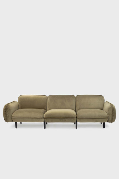 Aquamarine Poppy Bean Sofa in green fabric, showcasing its plush cushions and modern furniture design.
