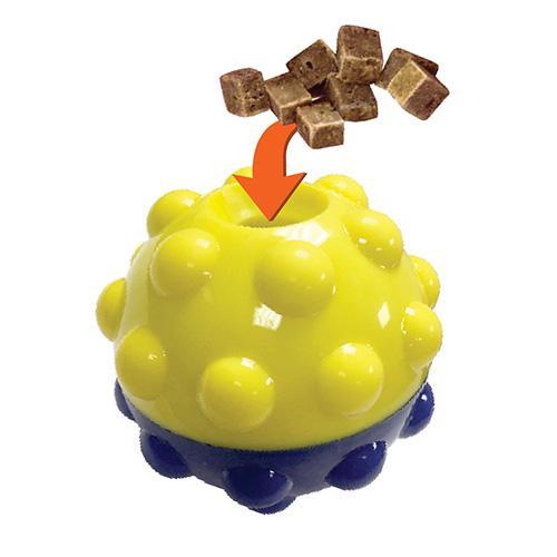 Fuchsia Oscar Bumper Treat Ball for dogs, 3 or 5 inches, treat dispensing pet toy with a durable bumper design.
