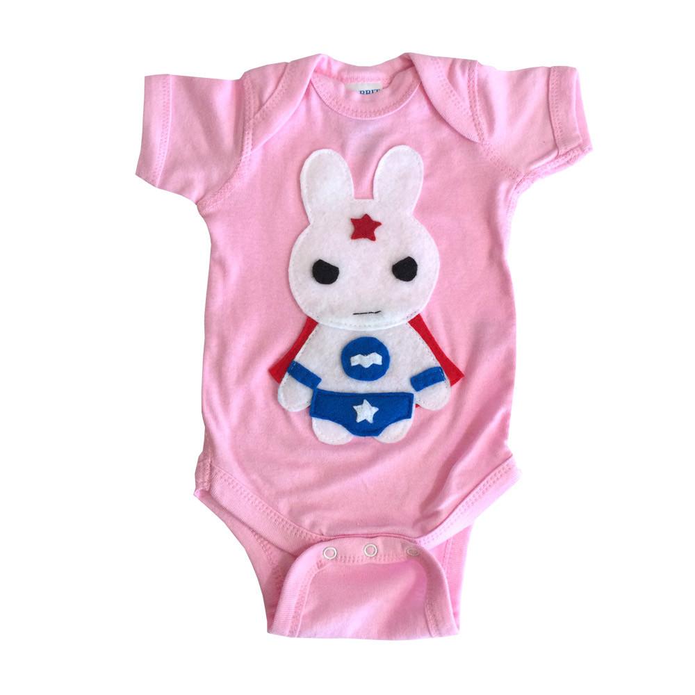 Sky Blue Milo Baby Bunny Girl Super Hero Onesie featuring a star design, perfect for infants in adorable superhero-themed baby clothing.