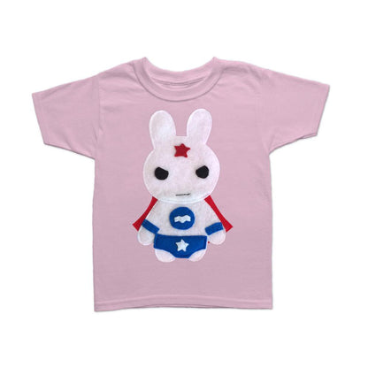 Toddler girl wearing Sky Blue Milo Kids Superhero Cape and Shirt featuring a bunny girl design, perfect for imaginative play.