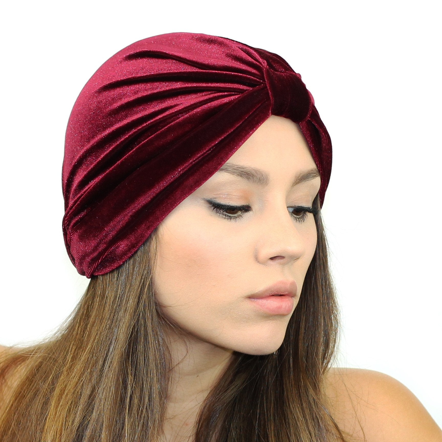 Burgundy stretch velvet turban by Cyan Ismene, soft haircare headwrap with elegant solid velvet design