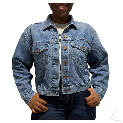 Blue cropped ladies denim jacket by Raspberry Pallas with a super-strong design, styled as the Brooke jacket in B Grade quality.