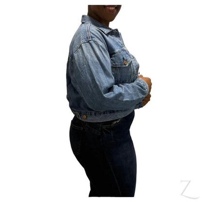 Raspberry Pallas ladies super strong Brooke cropped denim jacket with B grade "Bobo" style, displayed on a hanger.