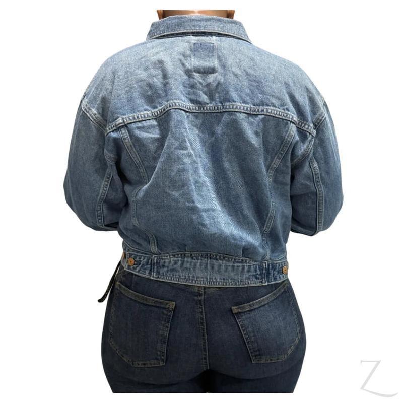 Raspberry Pallas Ladies Brooke Denim Jacket, cropped style, super strong denim, B Grade, displayed on a mannequin.