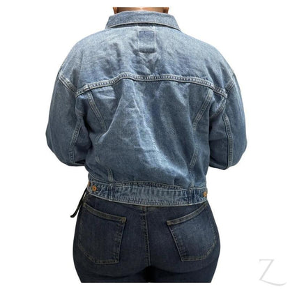 Raspberry Pallas Ladies Brooke Denim Jacket, cropped style, super strong denim, B Grade, displayed on a mannequin.