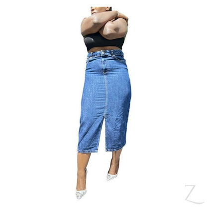 Raspberry Pallas ladies denim pencil skirt in plain midi style, showcasing a super-strong, fitted design in classic blue denim fabric.