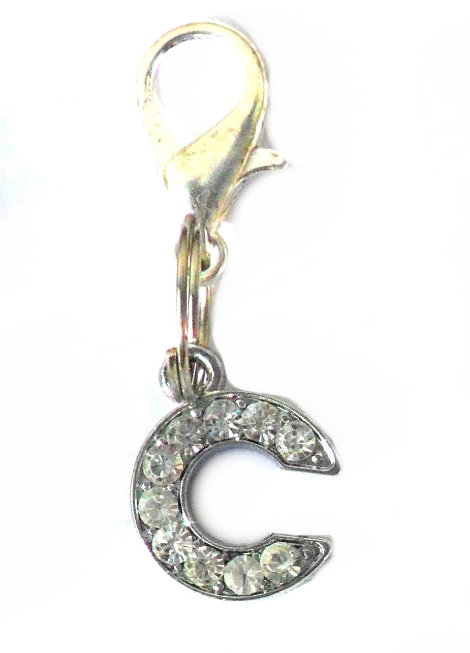 Salmon Oscar A-Z Crystal Letter pet charm attached to a leash, featuring sparkling crystal embellishments on a colorful pet collar.