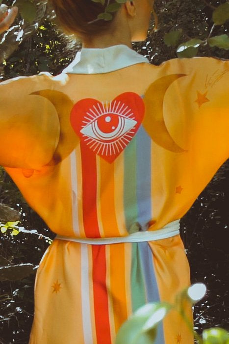 Violet Apollo Rigel Robe in Yucatan Rainbow, women’s flowing dress with vibrant rainbow colors and lightweight fabric.