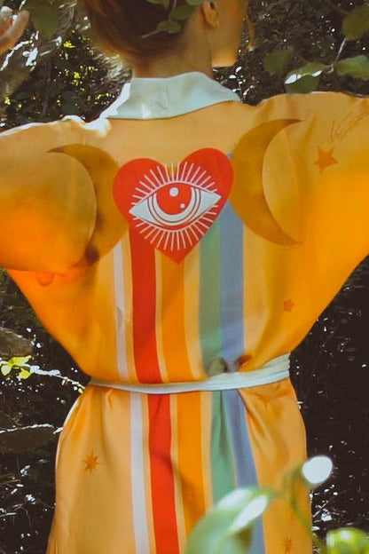 Violet Apollo Rigel Robe in Yucatan Rainbow, women’s flowing dress with vibrant rainbow colors and lightweight fabric.