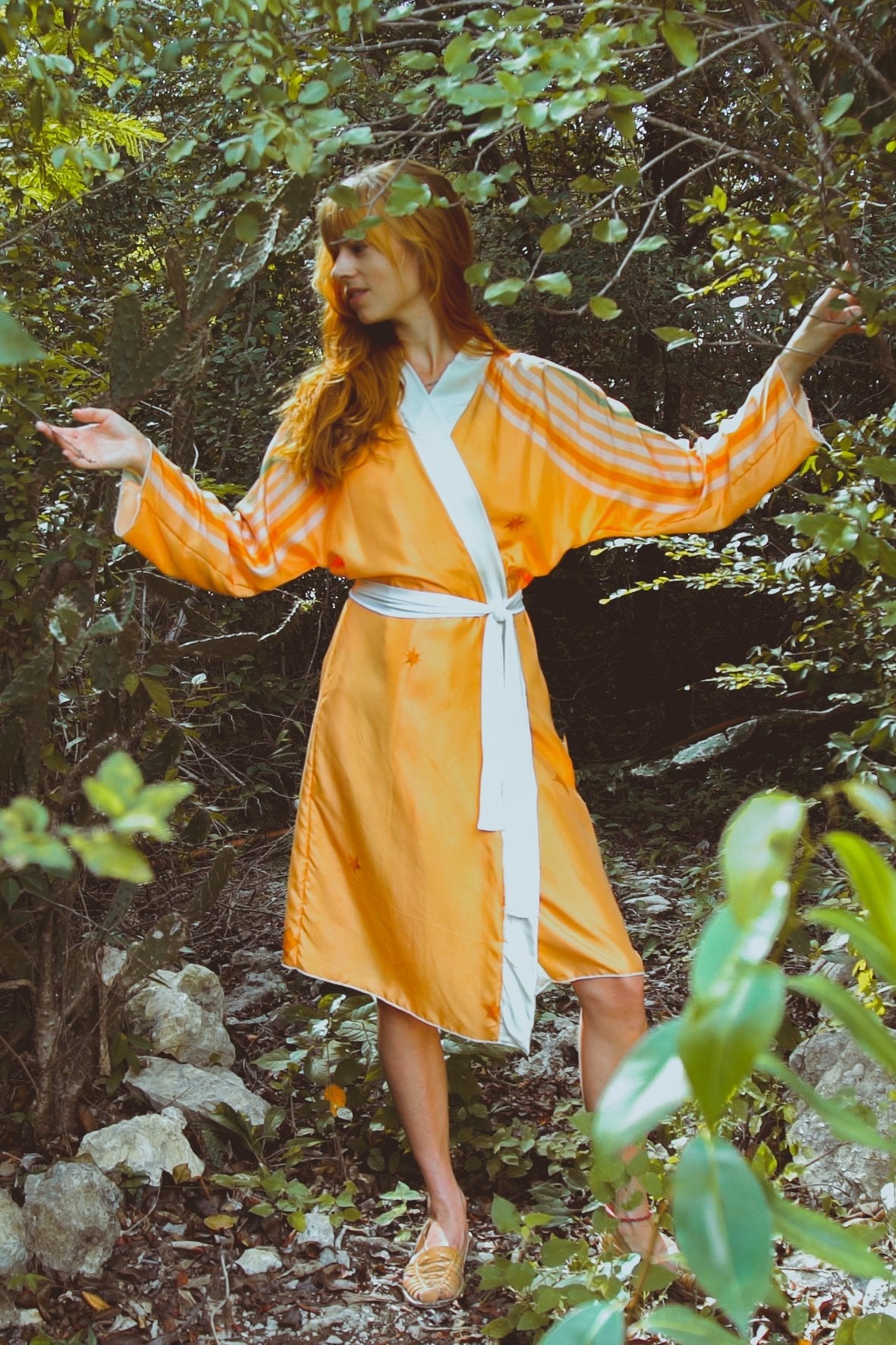 Women’s Rigel Robe by Violet Apollo in Yucatan Rainbow, flowing lightweight clothing with vibrant rainbow patterns.