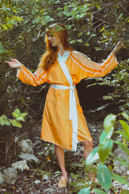 Women’s Rigel Robe by Violet Apollo in Yucatan Rainbow, flowing lightweight clothing with vibrant rainbow patterns.