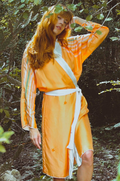 Women’s Rigel Robe by Violet Apollo in Yucatan Rainbow, flowing colorful women&