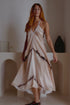 Violet Apollo Altair Silk Halter Dress in Shibori with flowing fabric and halter neckline, stylish women&