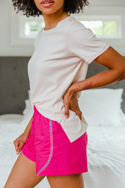 Orchid Tartarus Pima Poplin short sleepwear set with short-sleeve top and matching shorts, lightweight and comfortable for sleeping.