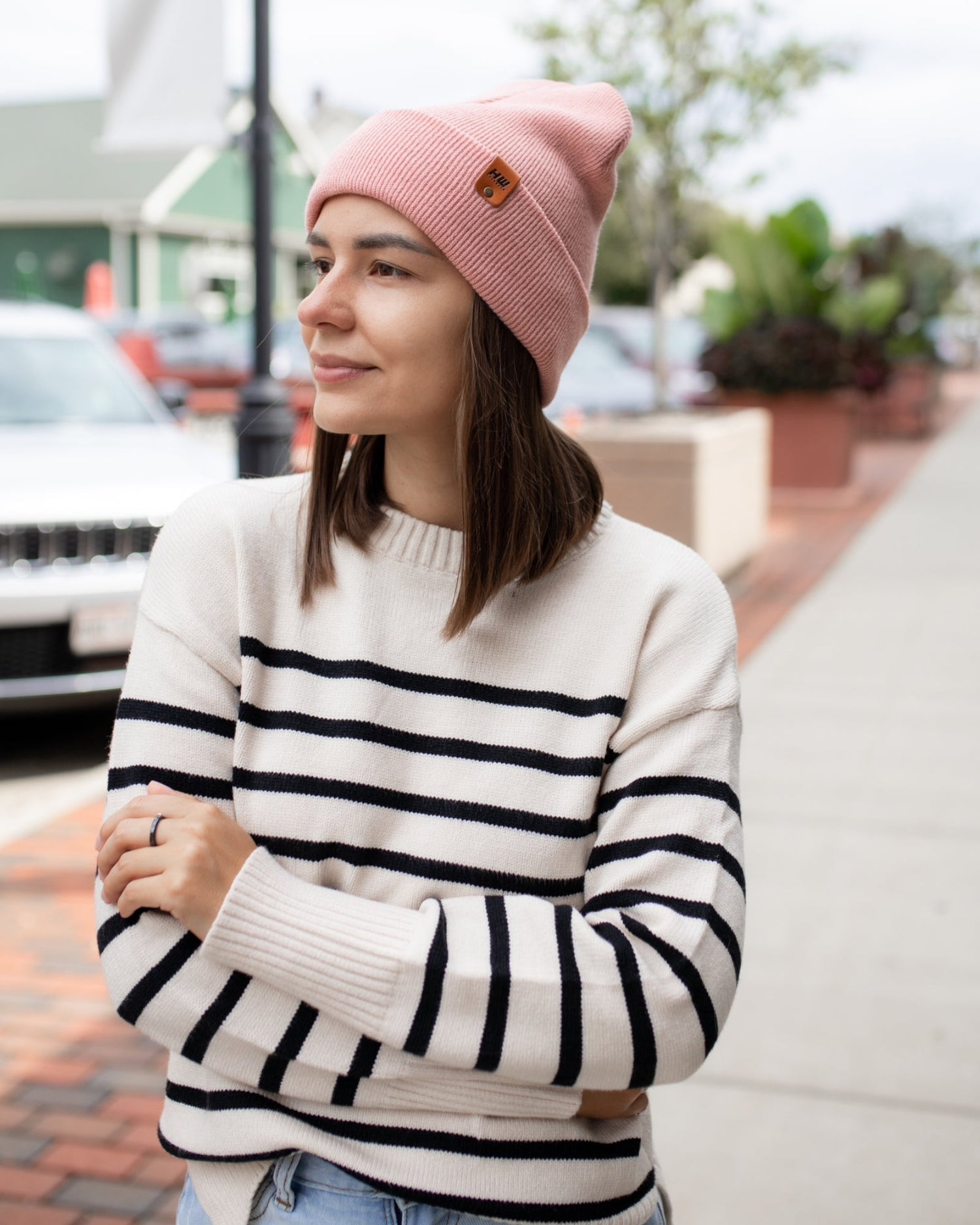 Azure Arrowwood HAAKWEAR knit cuffed beanie in pearl pink, soft and cozy hat with a folded cuff for warmth and style.