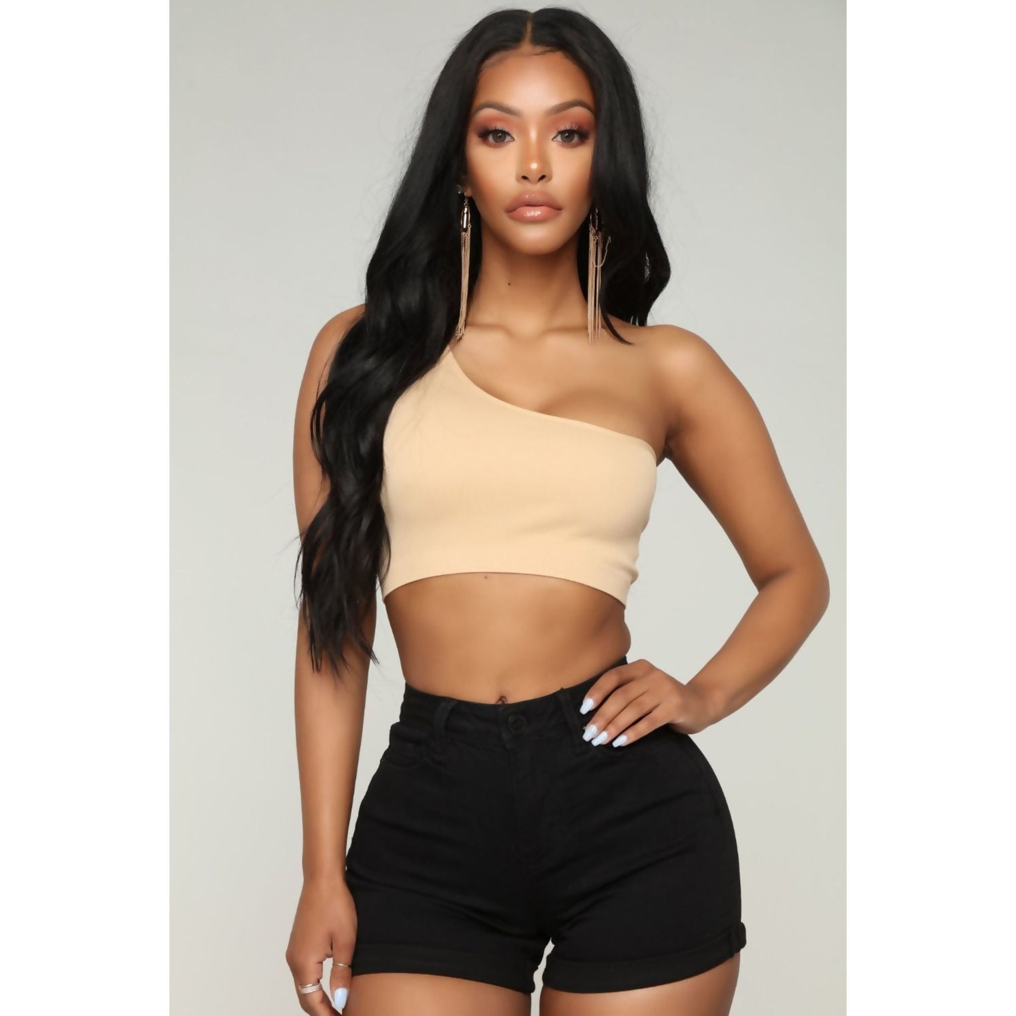 Beige one-shoulder crop top for women from Azure Theseus, featuring a stylish off-shoulder design and cropped fit.