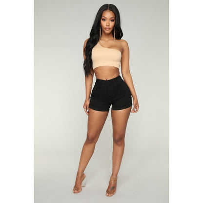 Beige one-shoulder crop top for women from Azure Theseus, fashion-forward design, stylish and casual clothing piece.