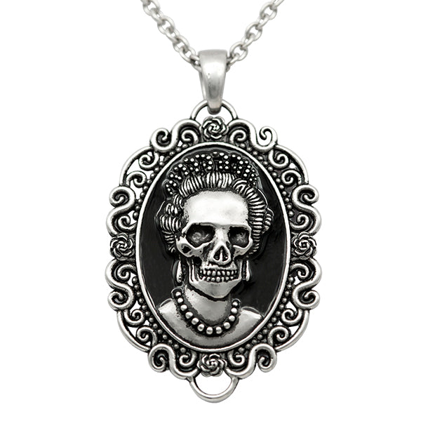 Blue Asteria Skull Queen Cameo Necklace featuring a detailed skull and cameo pendant, elegant jewelry piece.