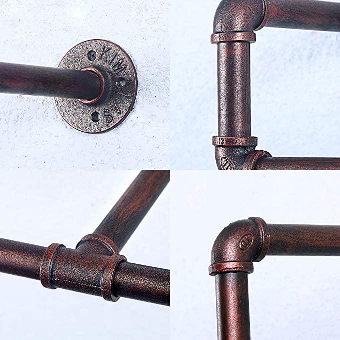Industrial black brush steel pipe clothing rack with red copper accents, wall-mounted home decor by Teal Crius.