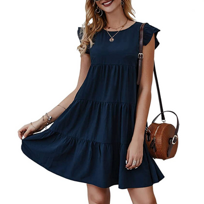 Navy women’s flowy dress with cap sleeves from Yellow Pandora, featuring a relaxed fit and elegant design.