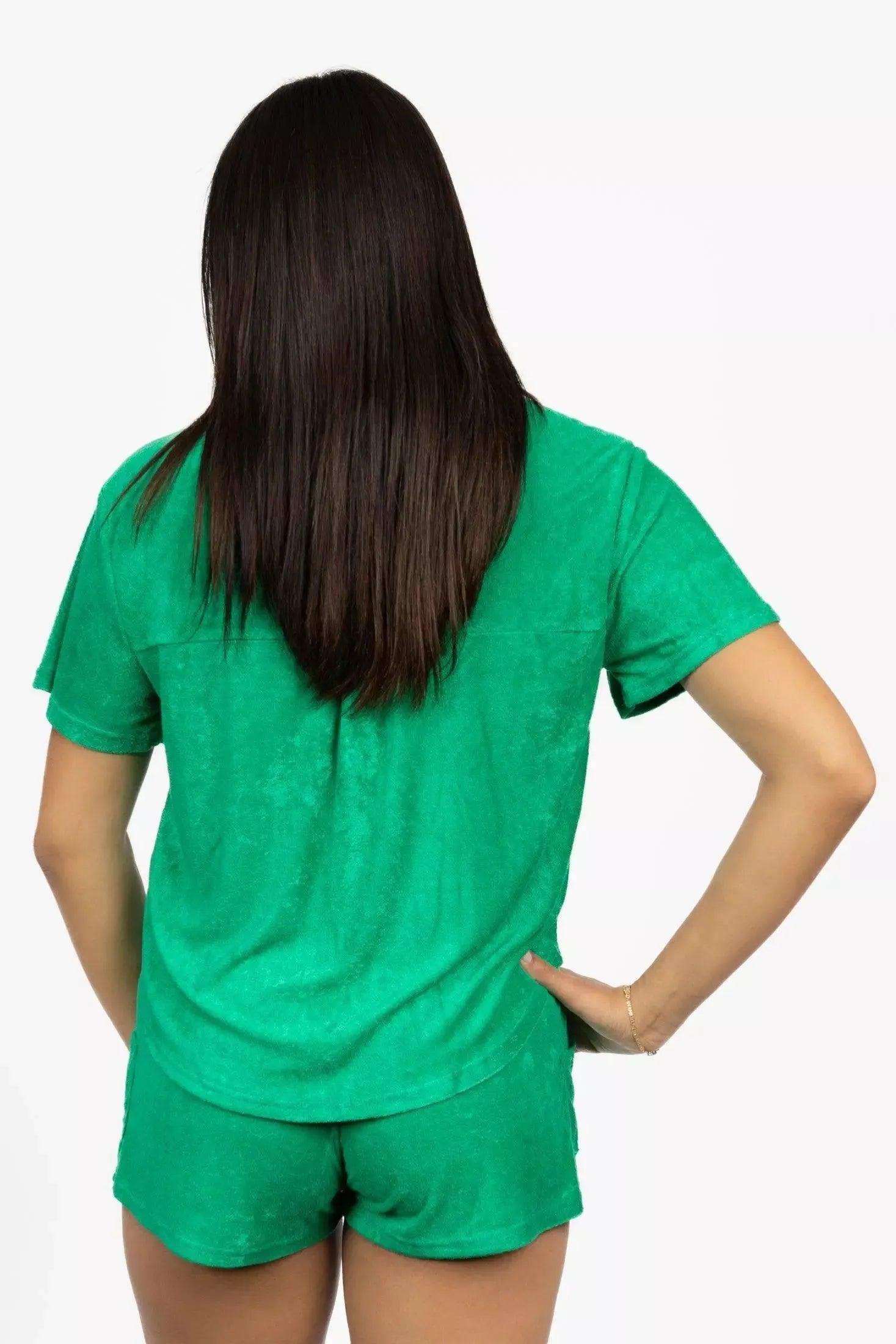 Pets wearing Burgundy Perses Cabana Green Terry Shorts, comfortable pet cover-up made of soft, green terry fabric.