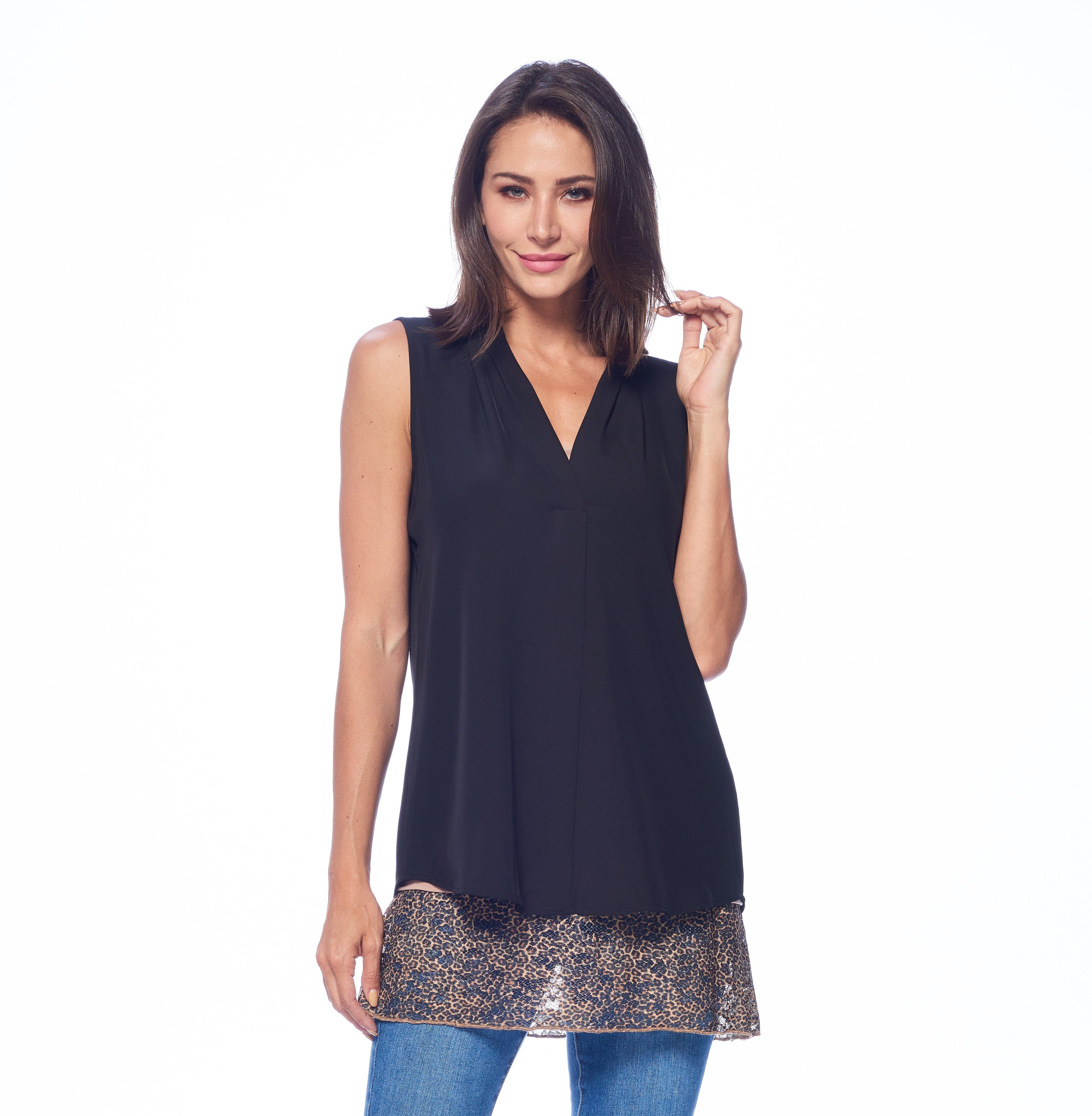 Melanter CamiLong leopard print cropped top with front layer and sleeveless design, perfect for casual or stylish outfits.