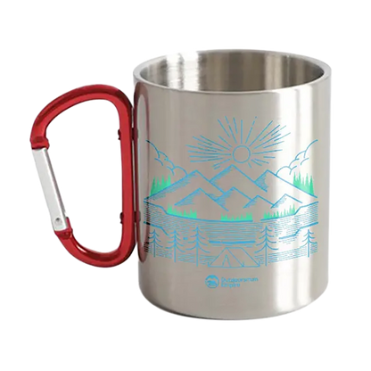 Crimson Eurybia camping lines carabiner mug, 12oz, with a sturdy metal handle and durable design for outdoor camping adventures.