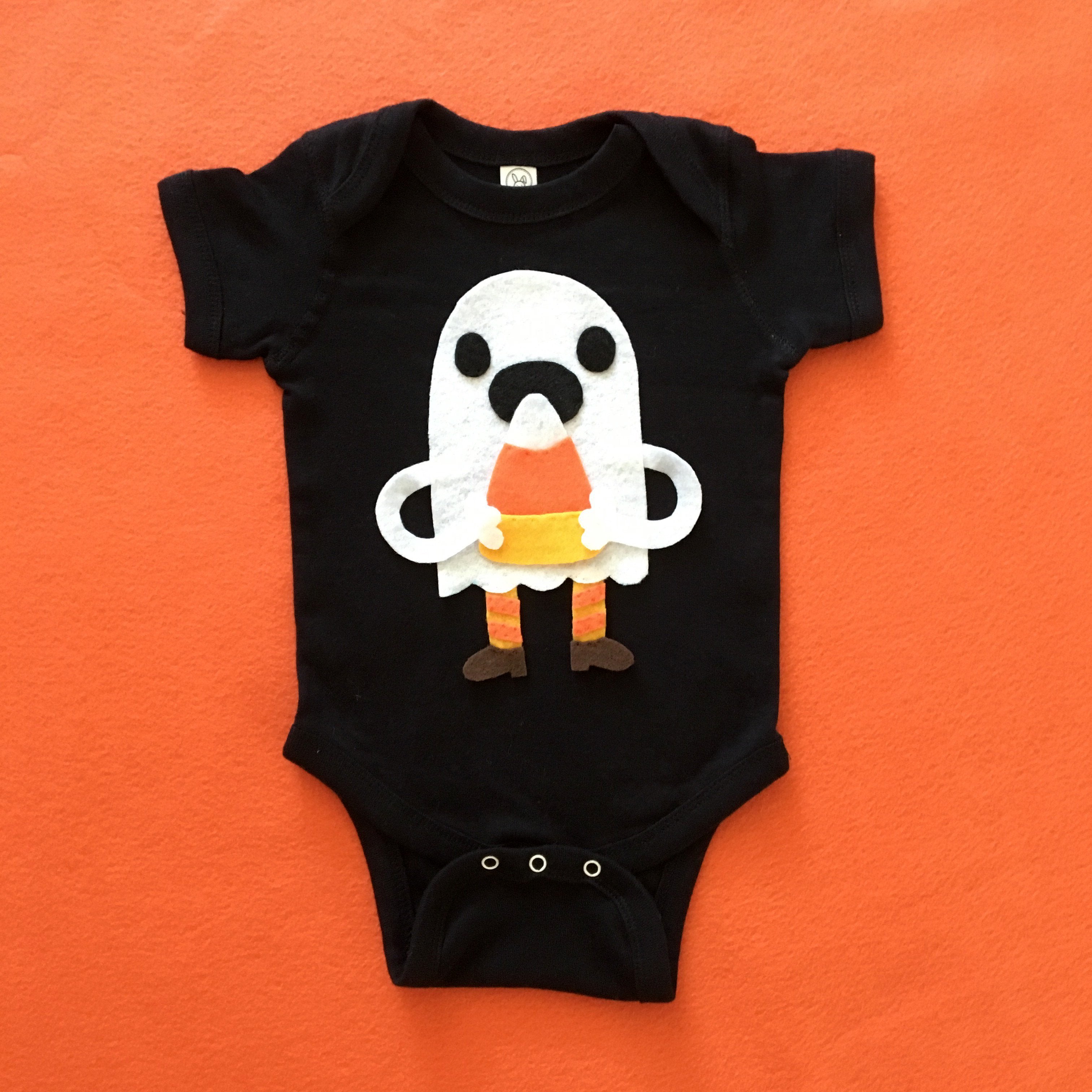 Sky Blue Milo candy corn love ghost baby bodysuit for kids and babies, featuring a playful ghost with candy corn design.