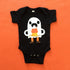 Sky Blue Milo candy corn love ghost baby bodysuit for kids and babies, featuring a playful ghost with candy corn design.