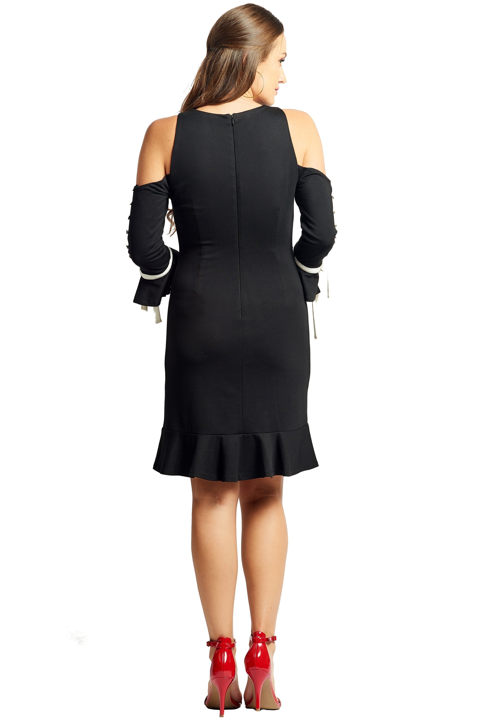 Black Carina Dress by Peach Dionysus featuring cold shoulder design and contrast covered buttons, shown from the back.
