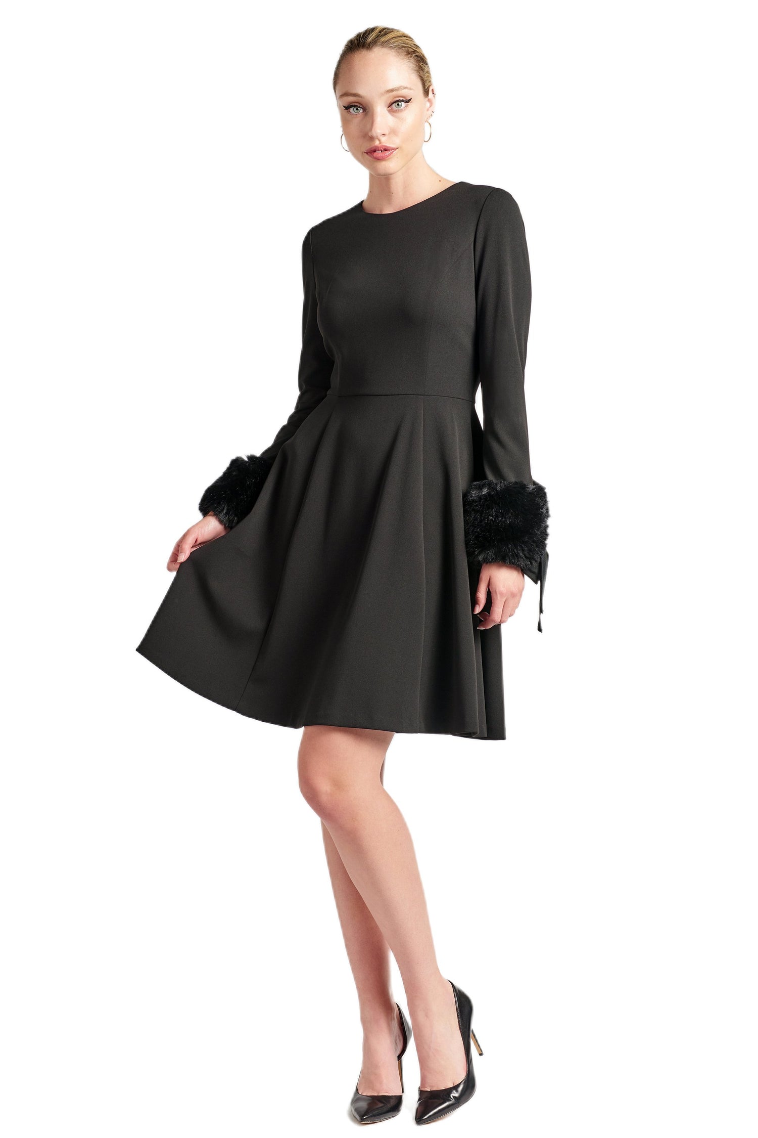 Black long sleeve fit and flare dress with faux fur details, from Peach Dionysus Caroline Dress collection.