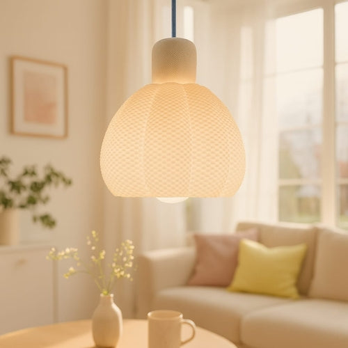 Azure Pontus Celeste Light Pendant Lamp hanging with a sleek, modern design and soft illumination against a neutral background.