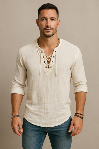 Men’s linen T-shirt with lace-up front and short sleeves, casual vintage style by Carmine Juneberry.