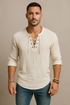 Men’s linen T-shirt with lace-up front and short sleeves, casual vintage style by Carmine Juneberry.