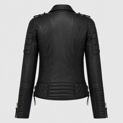Women’s Classic Motorcycle Fashion Leather Jacket with Golden Zipper
