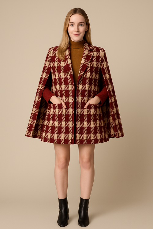 Carmine Juneberry houndstooth woolen cape coat and matching shorts set, stylish jackets and coats for a fashionable look.