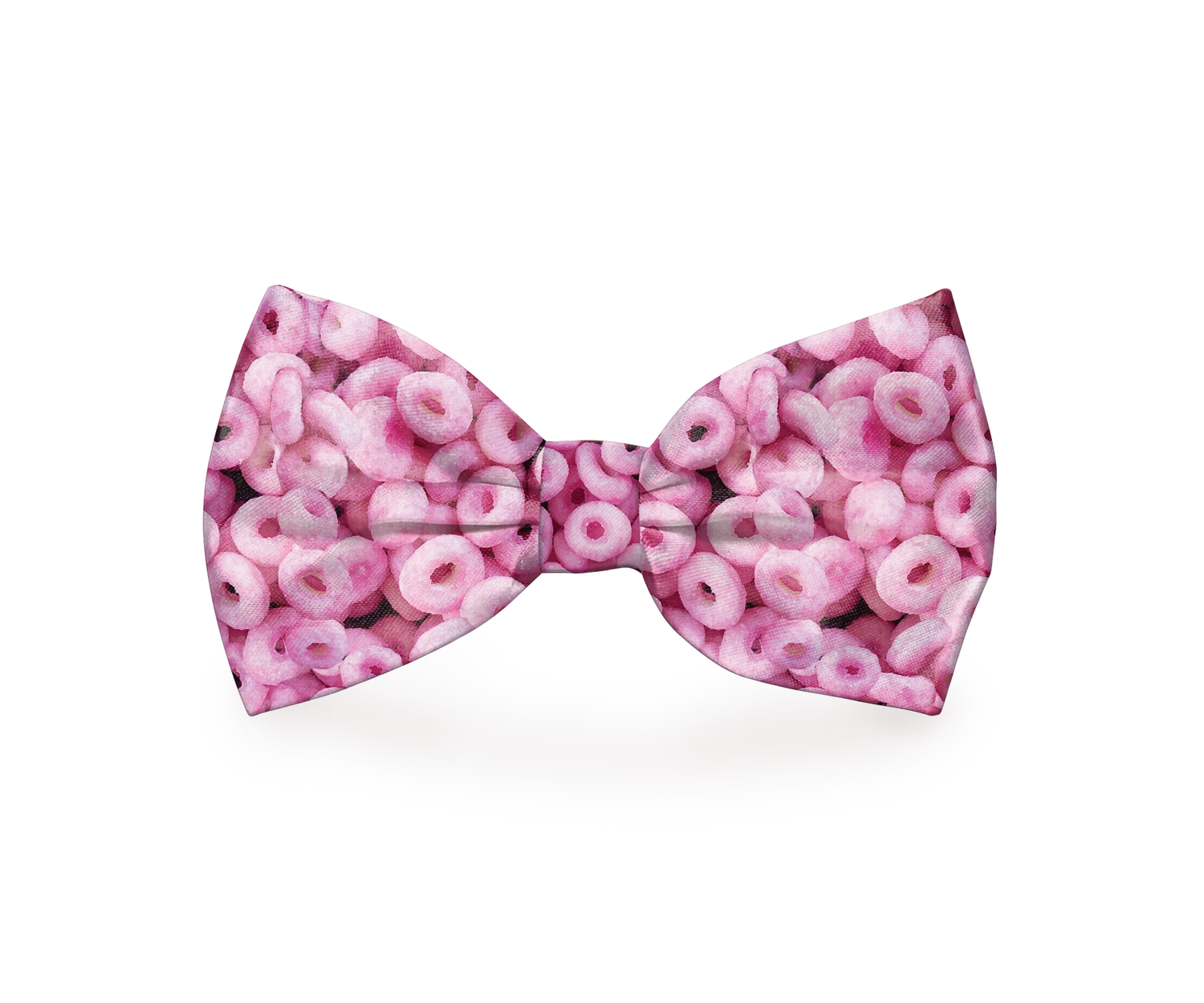 Pink Cheerios dog bow tie from Plum Semele, a cute accessory for pet collars and dog wear, featuring a cheerful cereal pattern.