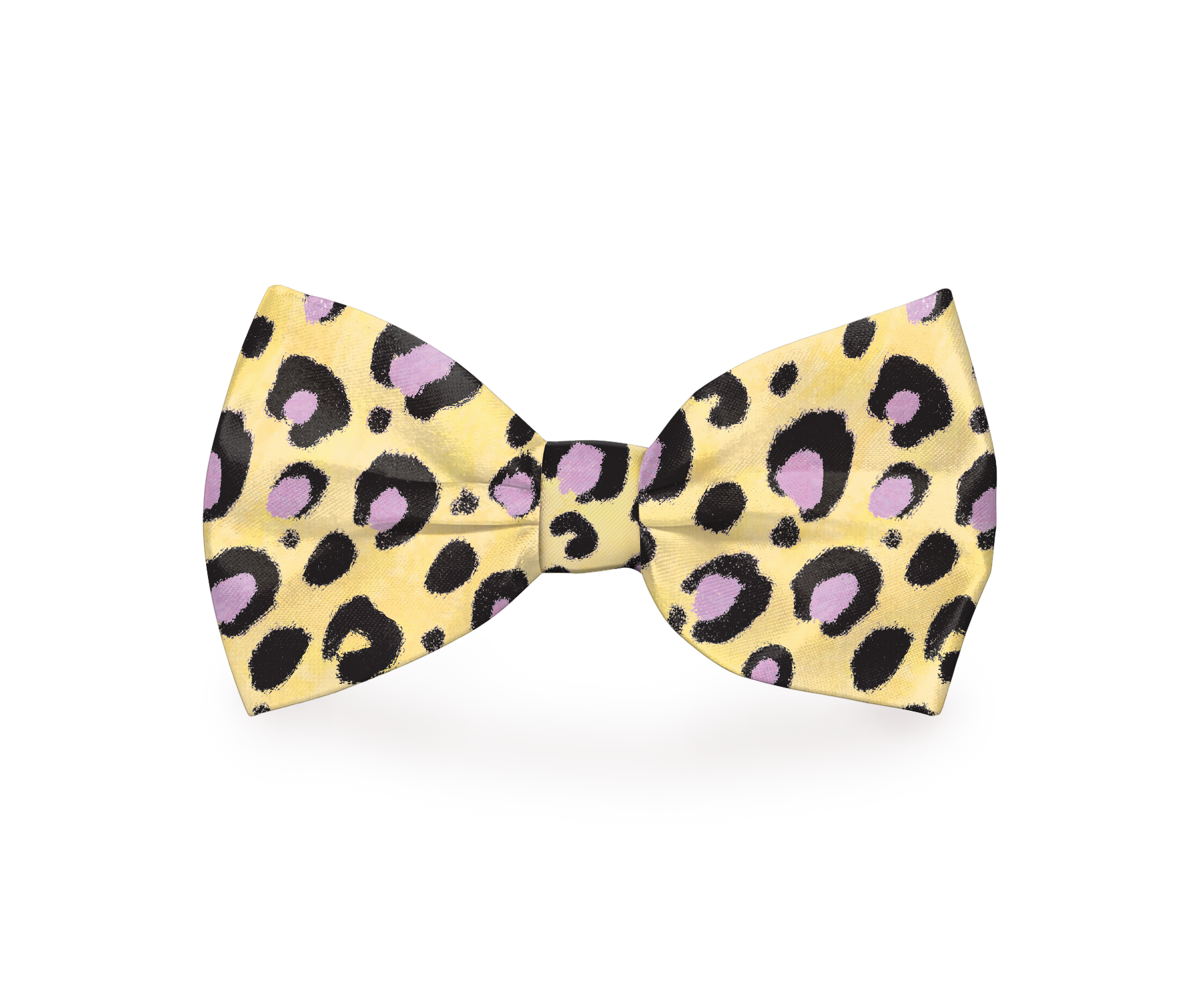 Yellow cheetah print dog bow tie from Plum Semele, stylish pet accessory for collars and petwear.